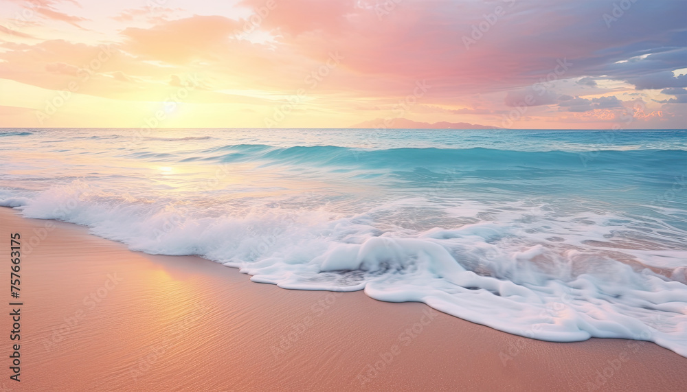 Calm and paradisiacal Caribbean beach during sunset. Sunny sea shore with foamy water and waves. Beautiful and serene beach in soft pastel pink and turquoise tones. Summertime and traveling concept.