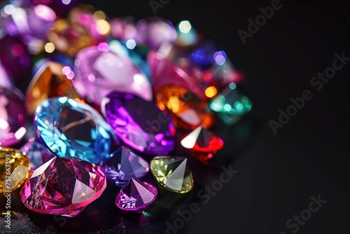 Jewel Sparkling Diversity  Gemstones on Black Reflective Surface.Gleaming Gemstone Variety