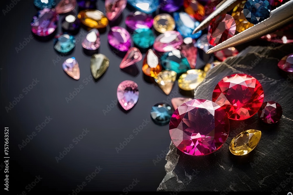 Jewel Sparkling Diversity: Gemstones on Black Reflective Surface.Gleaming Gemstone Variety
