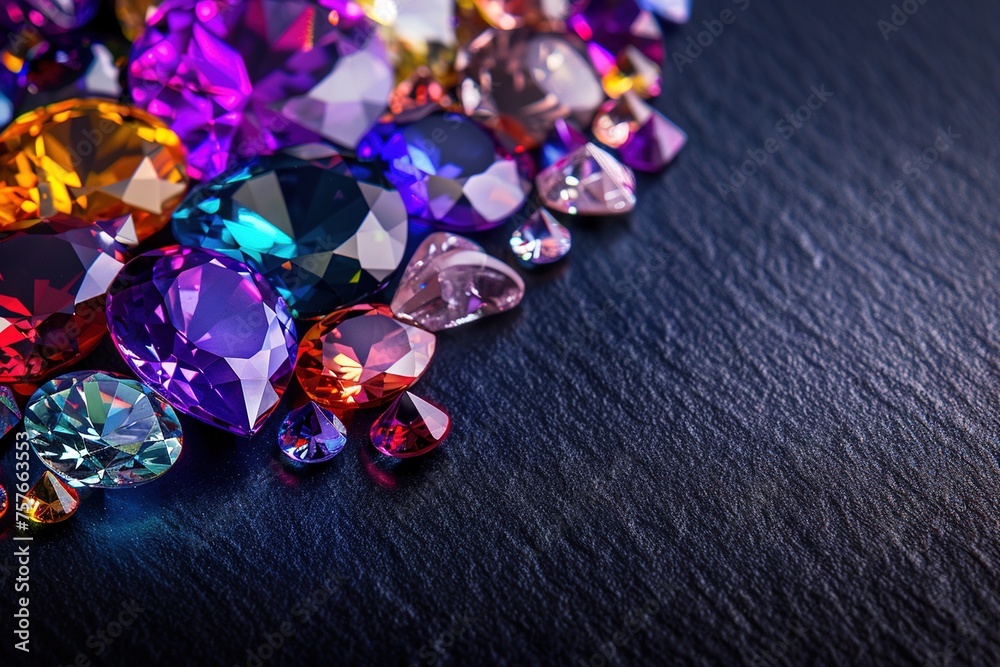 Jewel Sparkling Diversity: Gemstones on Black Reflective Surface.Gleaming Gemstone Variety Jewel Sparkling Diversity: Gemstones on Black Reflective Surface.Gleaming Gemstone Variety