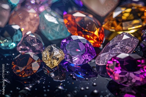 Jewel Sparkling Diversity  Gemstones on Black Reflective Surface.Gleaming Gemstone Variety