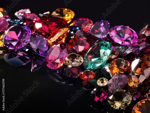 Jewel Sparkling Diversity: Gemstones on Black Reflective Surface.Gleaming Gemstone Variety