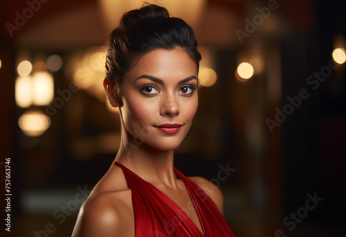 A beautiful Hispanic woman with dark hair in an elegant bun, wearing a red evening dress posing for the camera at a night club