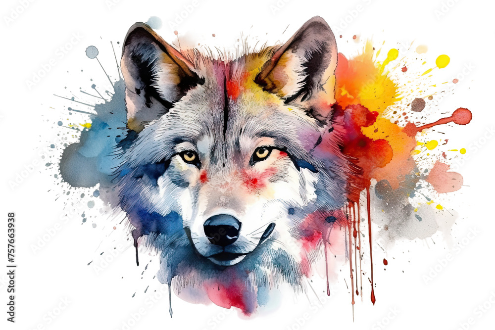 background painting splashes colorful head wolf Watercolor white - obrazy, fototapety, plakaty 