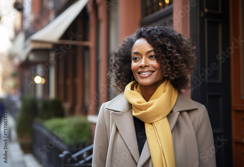 portrait of a smiling 35s African American woman walking in NYC wearing a coat and yellow scarf in a business professional outfit curly black hair with highlights and brown eyes photo