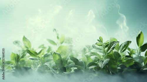 An ambient, softly glowing pastel green background featuring peppermint and eucalyptus leaves, creatively designed with steam swirling around them, ideal for a sinus-clearing advertisement with a refr