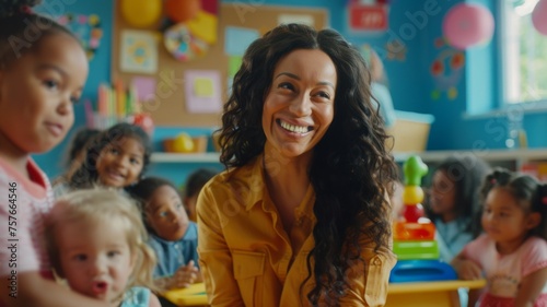 Teacher with children in colorful classroom setting - Cheerful teacher with smiling children in a vibrant kindergarten environment