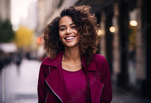 portrait of a smiling mixed race woman curly hair wearing a burgundy leather jacket and purple top walking in the street, looking at the camera, with a city background natural light bokeh background