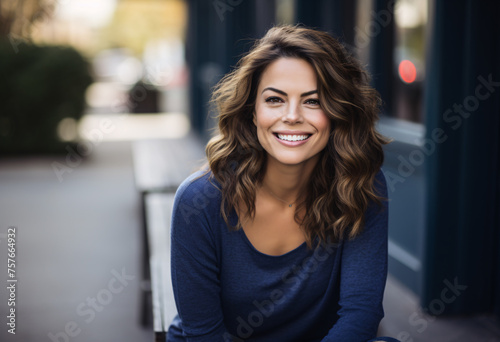 A modern blond confident  beautiful happy woman in her 30's wearing dark blue jeans a navy sweater, flowing hair sitting outdoors in soft focus background