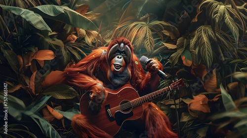 Happy Orangutan Rockstar Singing and Playing Guitar in Vibrant Jungle photo