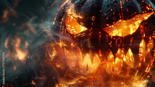 burning pumpkin offers a powerful visual for Halloween, its fierce flames mingling with swirling smoke to form a backdrop of mystery.