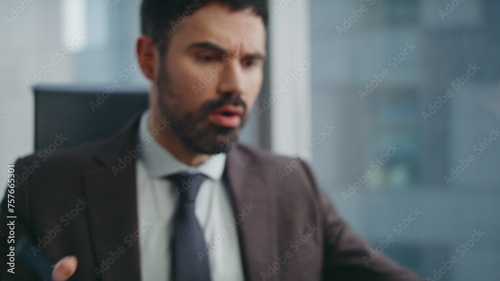 Man boss screaming telephone feeling anger by fail closeup. Furious manager talk Man boss screaming telephone feeling anger by fail closeup. Furious manager talk