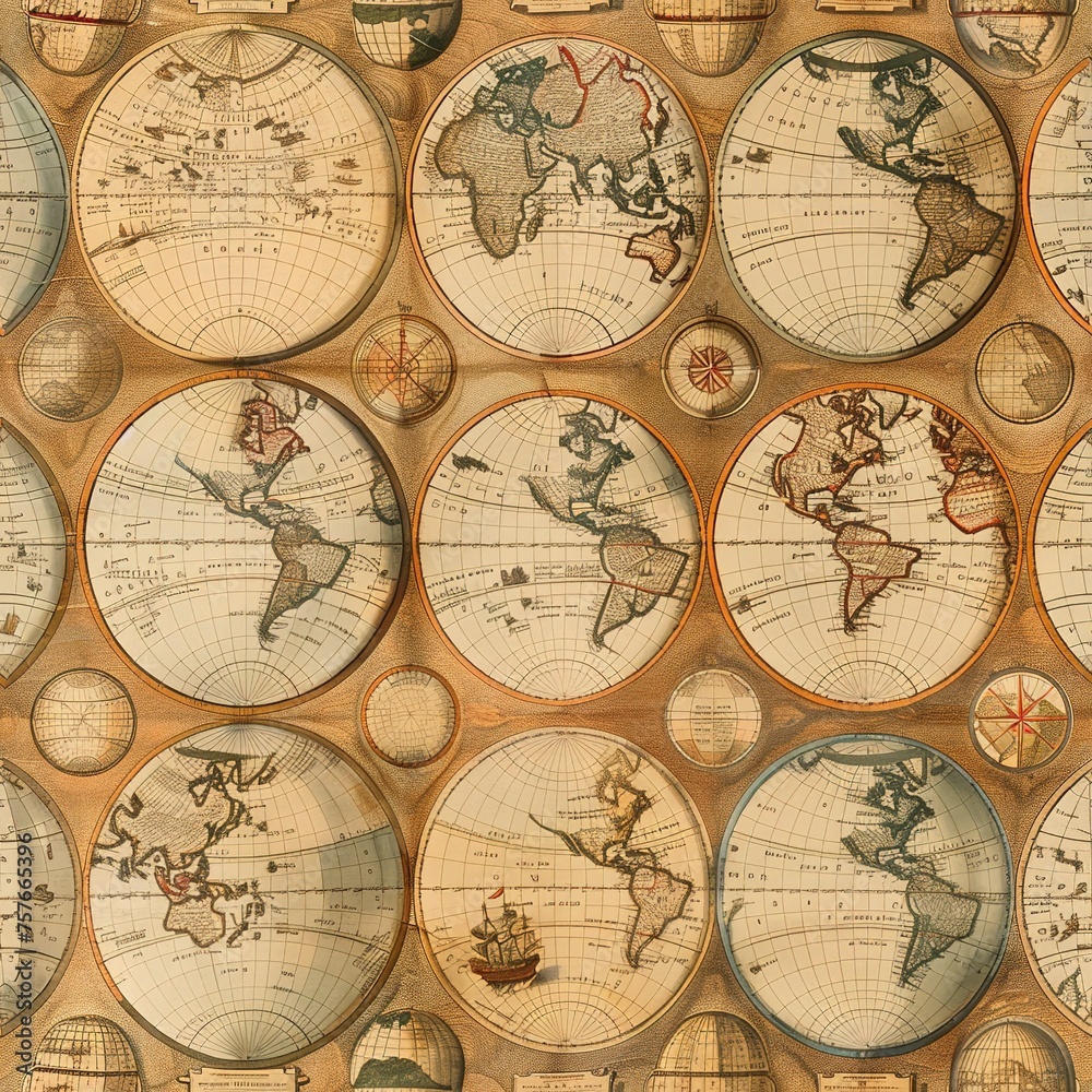 Fototapeta premium Antique Globes and Maps: Vintage world maps and globes for travel enthusiasts. For Seamless Pattern, Fabric Pattern, Tumbler Wrap, Mug Wrap.