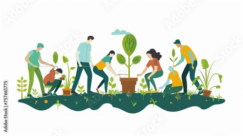 Community gardening and planting together - A colorful and lively illustration of a community engaged in planting and gardening, symbolizing teamwork and environmental care