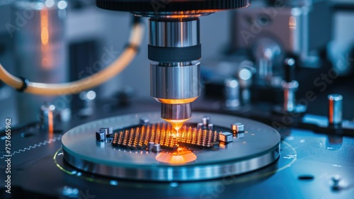 High-tech machine conducting semiconductor testing - A cutting-edge machine optimizes semiconductor manufacturing through precise testing and calibration, set in a technological facility