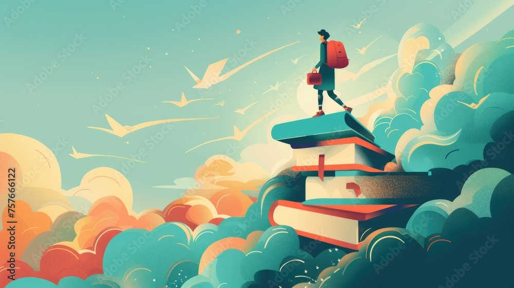 Person standing on books reaching for stars - An illustrated image of an individual on a stack of books reaching for origami stars among clouds, depicting growth and aspiration