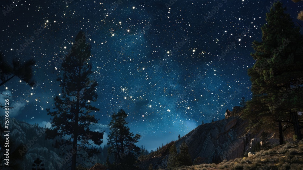 Naklejka premium Pine trees silhouette against a starry sky - A serene night's tableau presents pine trees standing as silent silhouettes against a densely starry sky encased by nature's grandeur