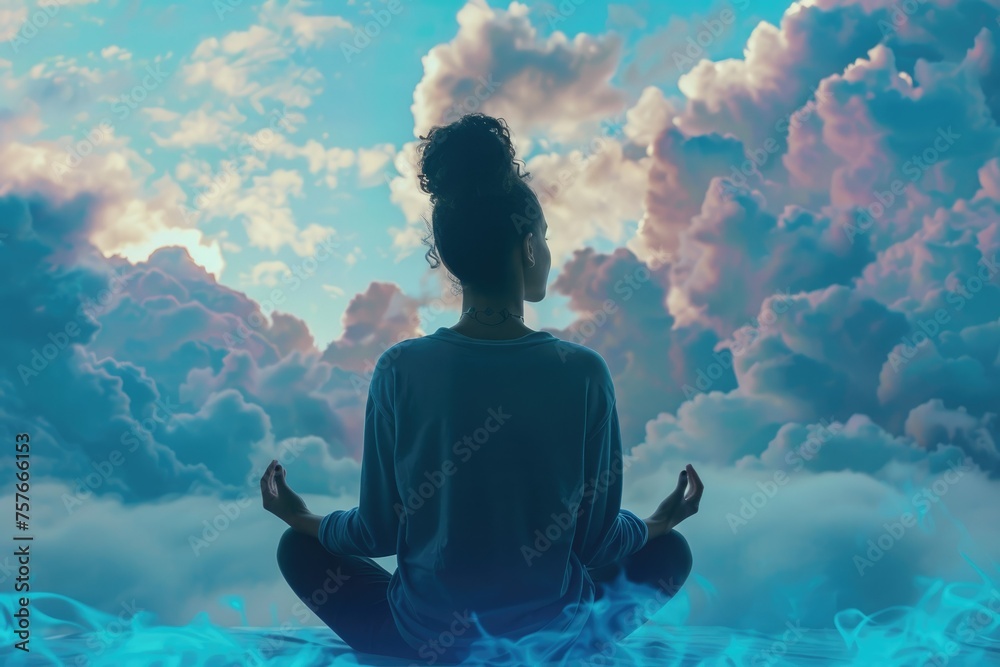 Fototapeta premium Silhouette of meditating person with clouds - Striking silhouette of a person in meditation pose with a surreal backdrop of vibrant clouds, evoking a sense of calm and mindfulness