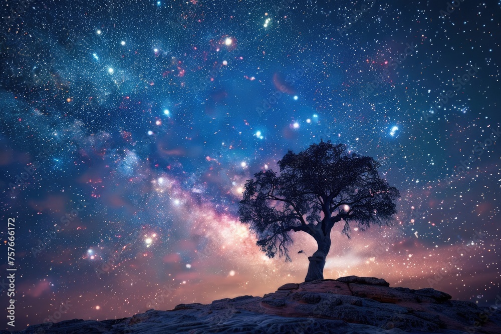 Solitary tree under a stunning starry sky - An inspirational night scape showcasing a lone tree amidst an explosion of cosmic colors and twinkling stars transcending tranquility and isolation - obrazy, fototapety, plakaty 