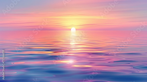 Pastel pink sunset mirrored in calm ocean surface - The soft hues of pastel pink and purple blend as the sun dips low  reflecting in the water s surface for a tranquil and romantic scene