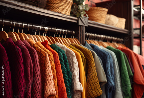 Colorful sweaters hanged on open rack shelf under rattan basket 