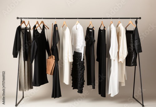 A minimalist and elegant display of women's on hangers, including black dresses in various styles and white long-sleeved blouses, all displayed against an off-white background. © 1by1step