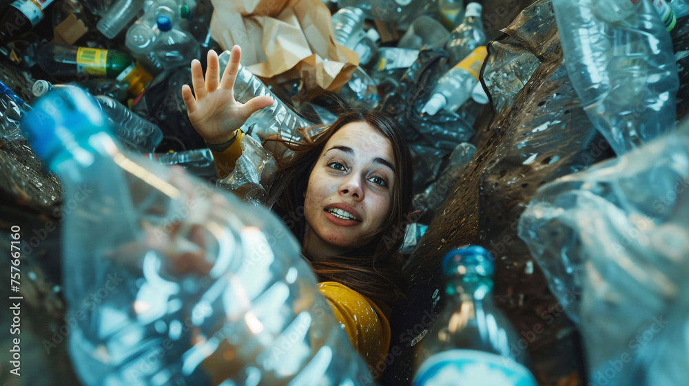 A woman struggling with a large amount of trash, feeling overwhelmed A woman struggling with a large amount of trash, feeling overwhelmed
