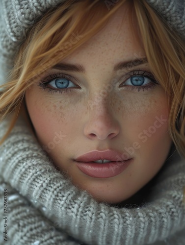 Winter Charm - Woman with Blue Eyes and Knitted Scarf