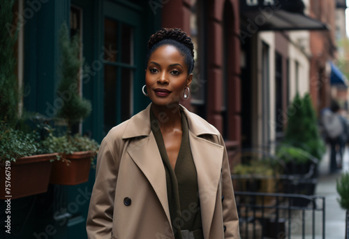 A elegant late 30s black woman in stylish beige trench coat olive green top sleek hair styled into a bun and large hoop earrings with charming New York street scene with vintage buildings lush plants
