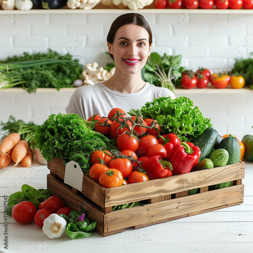 Beautiful woman holding wooden box with fresh organic vegetables in kitchen. 
front view wooden box for vegetables with blank tag price mockup on white background. photo