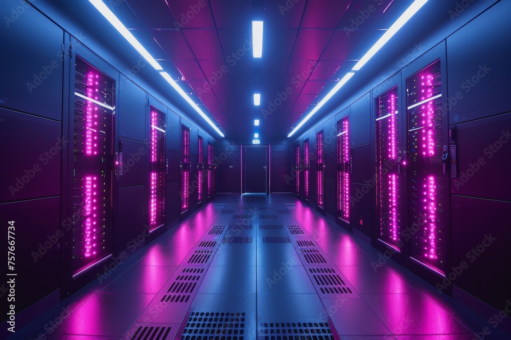 A data center server room with soft light, a modern design with neat cables in the racks. A data center server room with soft light, a modern design with neat cables in the racks.