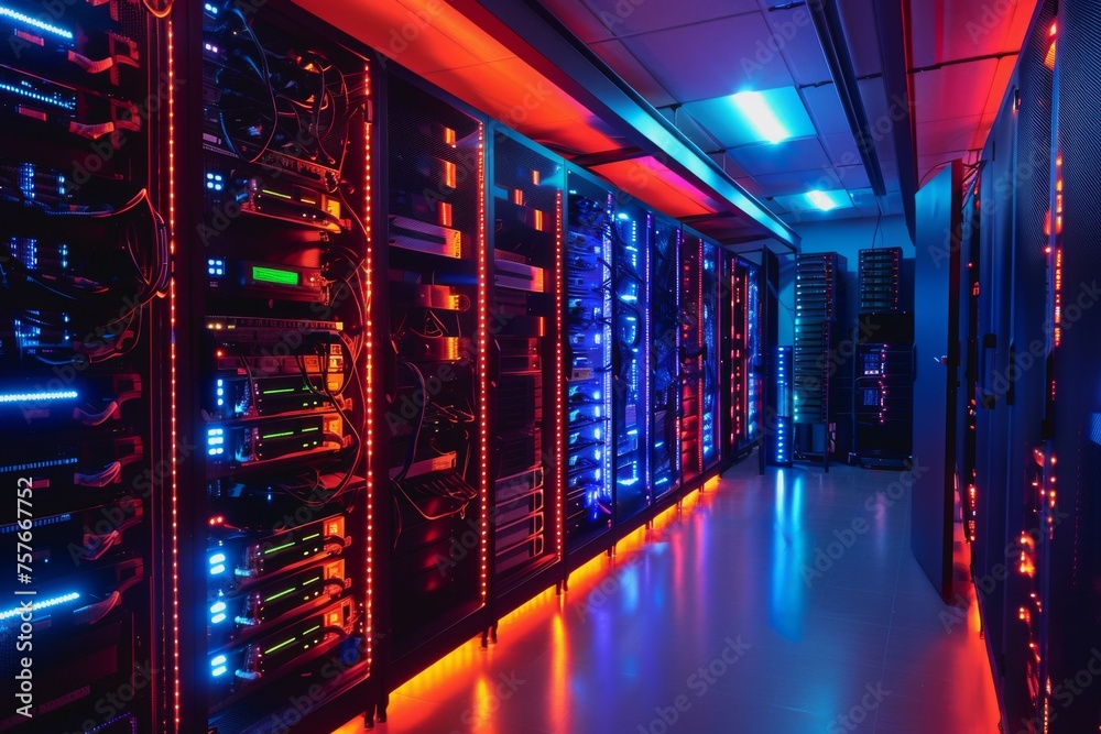 A data center server room with soft light, a modern design with neat cables in the racks.