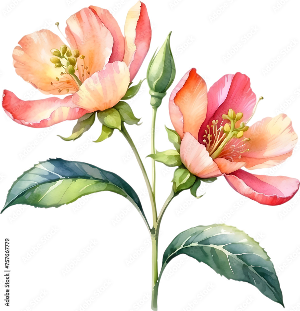 Obraz premium Watercolor flower with leaves painting.
