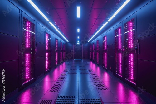 A data center server room with soft light, a modern design with neat cables in the racks.