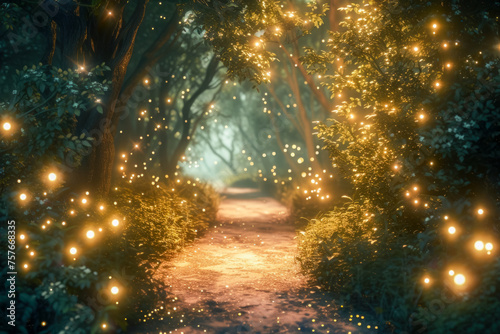 Enchanted Pathway: Mystical Forest Trail Illuminated by Glowing Fireflies at Dusk