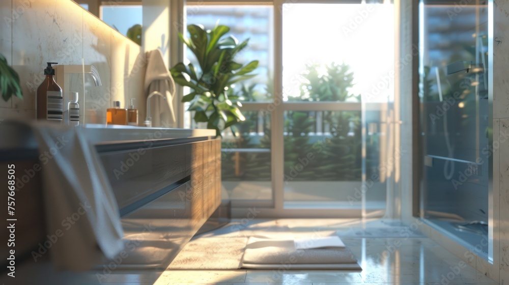 Obraz premium bathroom interior design with wet and dry separation, featuring a window glass