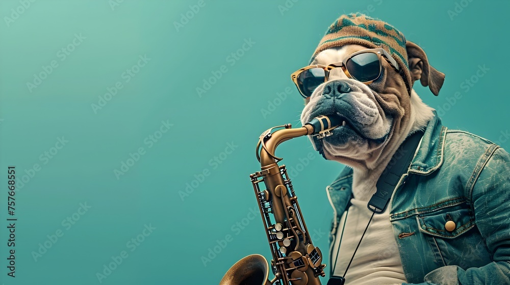 Playful English Bulldog donned in Denim Jacket and Sunglasses masterfully plays Saxophone, a Surreal Illustration - obrazy, fototapety, plakaty 