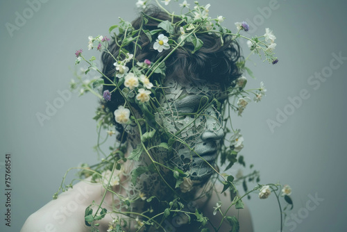 Surreal portrait of a person with head covered in blooming flowers and foliage, representing growth and nature's beauty