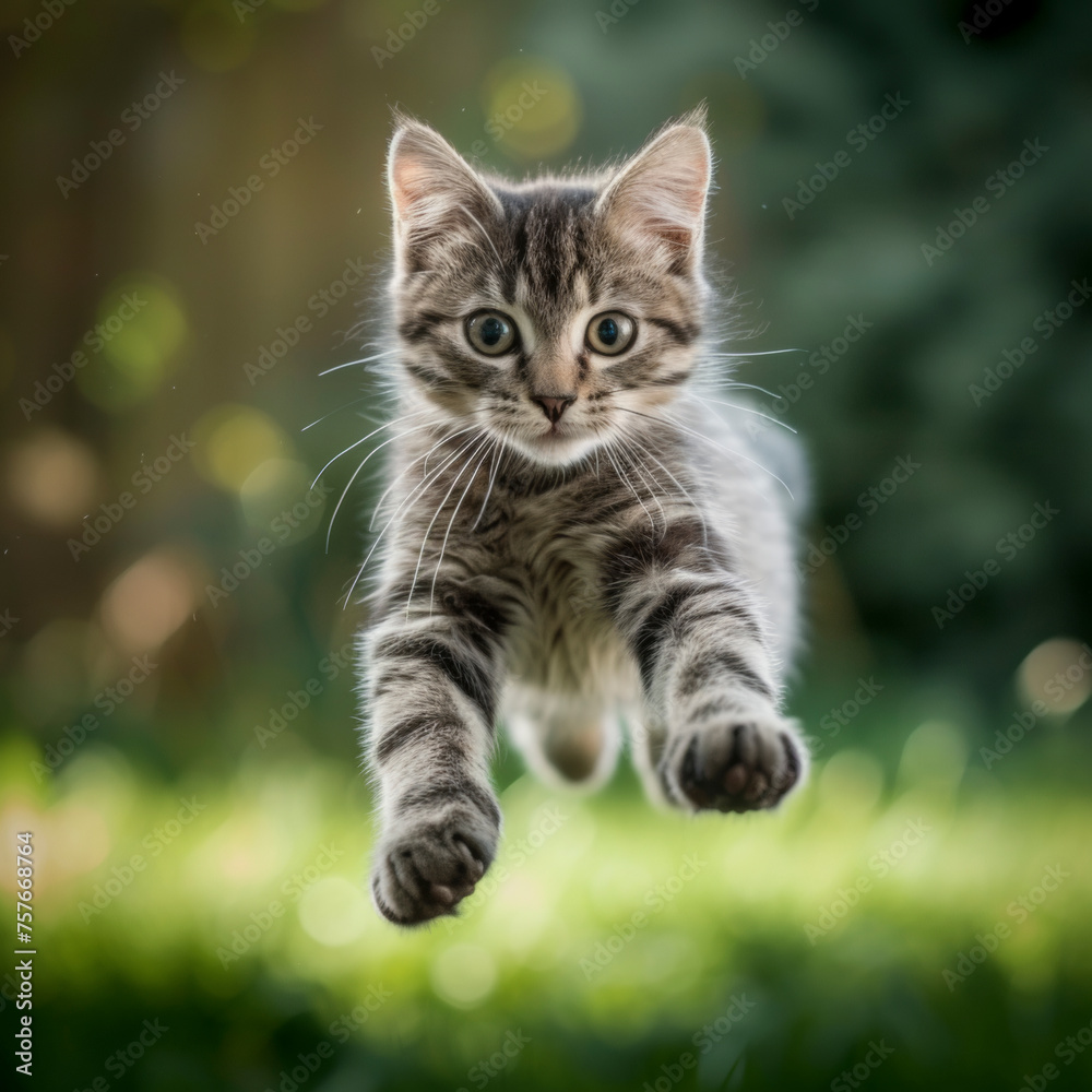 photo of a playful tabby cat jumping mid-air looking at camera.