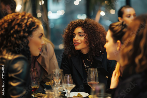 Intimate evening conversation among women enjoying a dinner party at a cozy restaurant