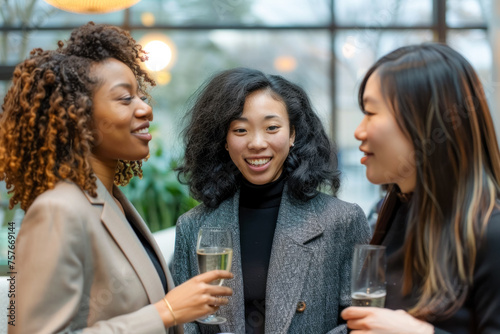 Joyful diverse female friends enjoying a conversation with drinks at a casual gathering