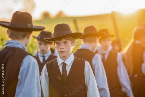 Young Amish Boy in Traditional Attire Against a Sunset Rural Backdrop