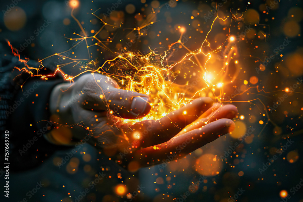  Spark of Creation: A Hand Conjuring a Dazzling Display of Electric Energy and Sparks - obrazy, fototapety, plakaty 
