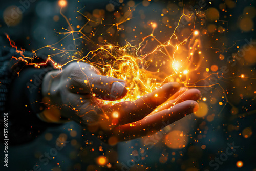  Spark of Creation: A Hand Conjuring a Dazzling Display of Electric Energy and Sparks © KirKam