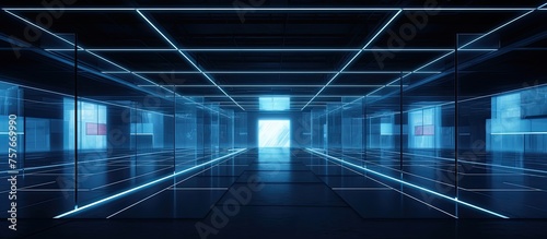 The hallway exudes a futuristic vibe with symmetrical electric blue lights on the ceiling. The rectangular glass display devices add to the hightech ambiance
