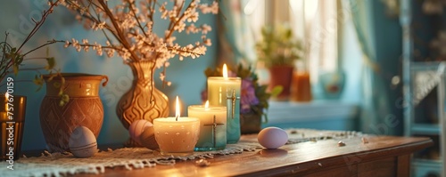 Easter Devotion at Home: A Warm and Welcoming Altar Setup with Religious Icons and Easter Decorations photo