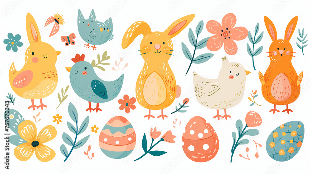 Happy Easter. Set of little cute rabbits., basket, bunny, chicken, eggs. Colored flat vector illustration isolated Cartoon character., funny abstract background
Happy Easter. Set of little cute rabbits., basket, bunny, chicken, eggs. Colored flat vector illustration isolated Cartoon character., funny abstract background