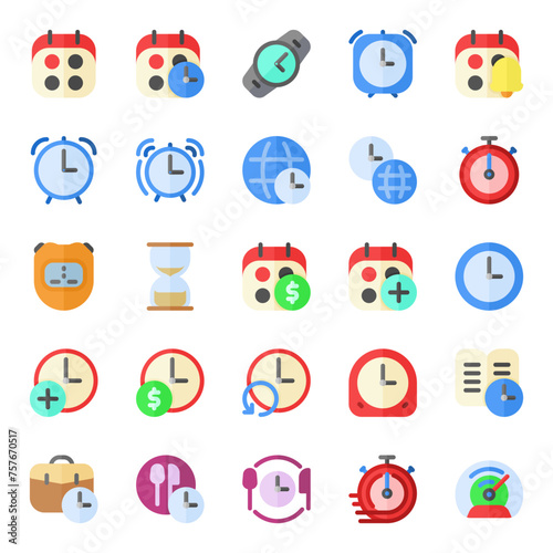 Time management icon collection, including clock, calendar, plan, event, watch, business, deadline, and more.