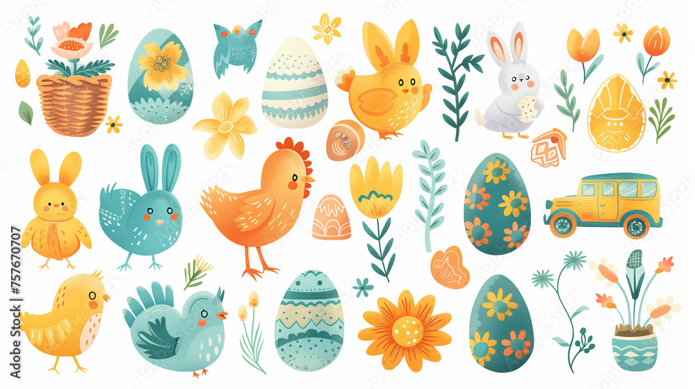 Happy Easter. Set of little cute rabbits., basket, bunny, chicken, eggs. Colored flat vector illustration isolated Cartoon character. white background
Happy Easter. Set of little cute rabbits., basket, bunny, chicken, eggs. Colored flat vector illustration isolated Cartoon character. white background
