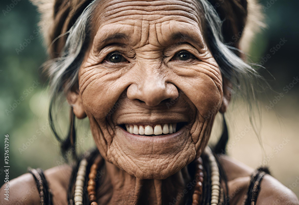 Mulher indígena brasileira idosa sorrindo.